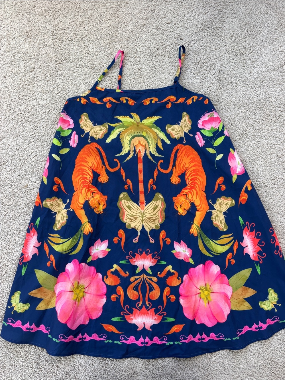SHEIN Navy Mini Dress with Bright Orange Tigers & Pink Floral Print